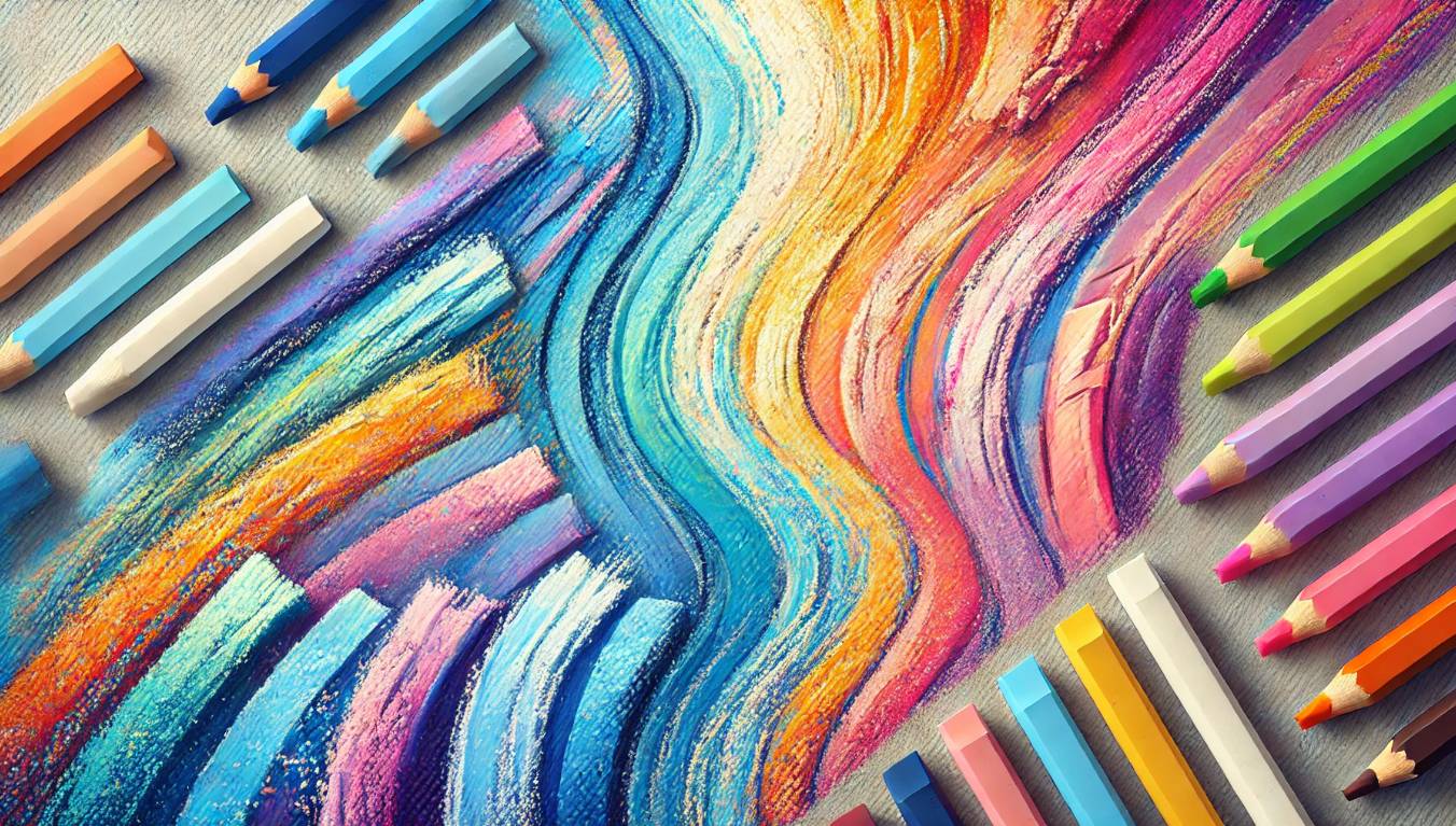 Vibrant pastel strokes on textured paper showcasing the differences between soft and hard pastels—one side with smooth blended effects and the other with sharp, defined lines.