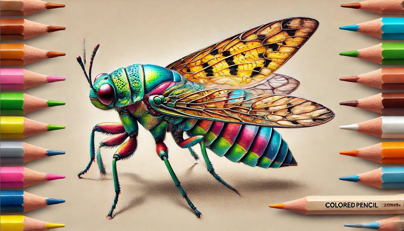 Highly detailed, hyper-realistic colored pencil drawing of a vibrant insect with intricate textures, lifelike exoskeleton, and delicate wings