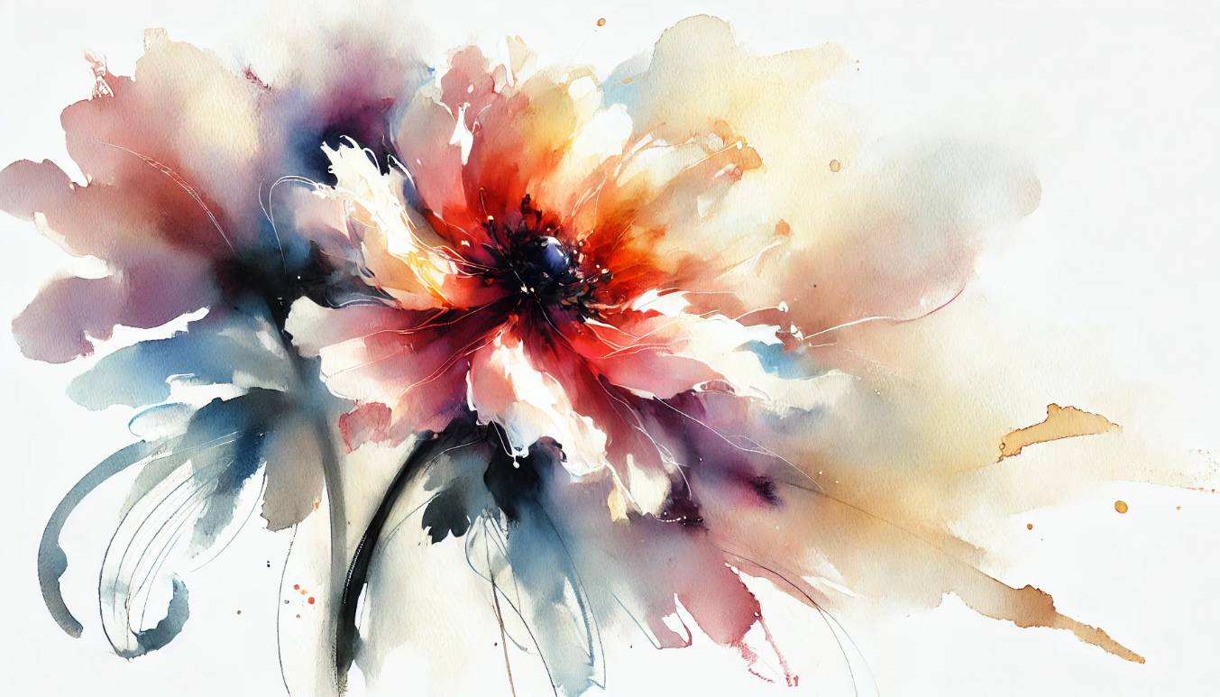 A loose watercolor painting of a vibrant flower in landscape format, featuring soft, flowing petals with expressive brushstrokes and delicate transparency