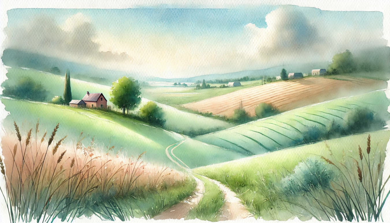 A delicate watercolor painting of a peaceful countryside, featuring rolling green fields, a cozy cottage, and a winding dirt path, created with soft, airy brushstrokes.