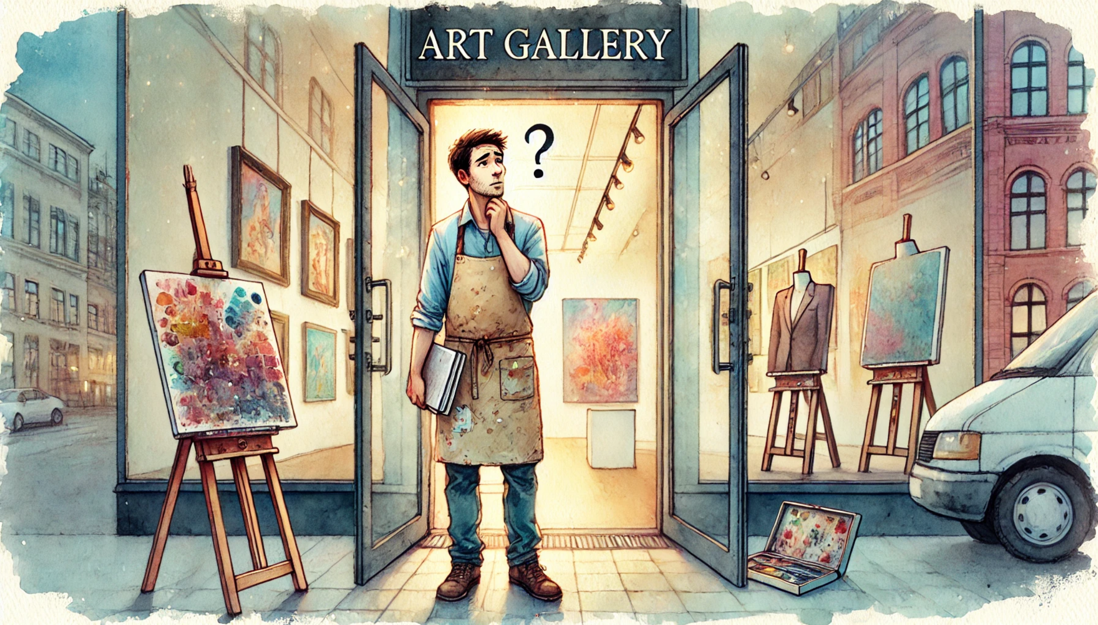 an artist confused outside an art gallery