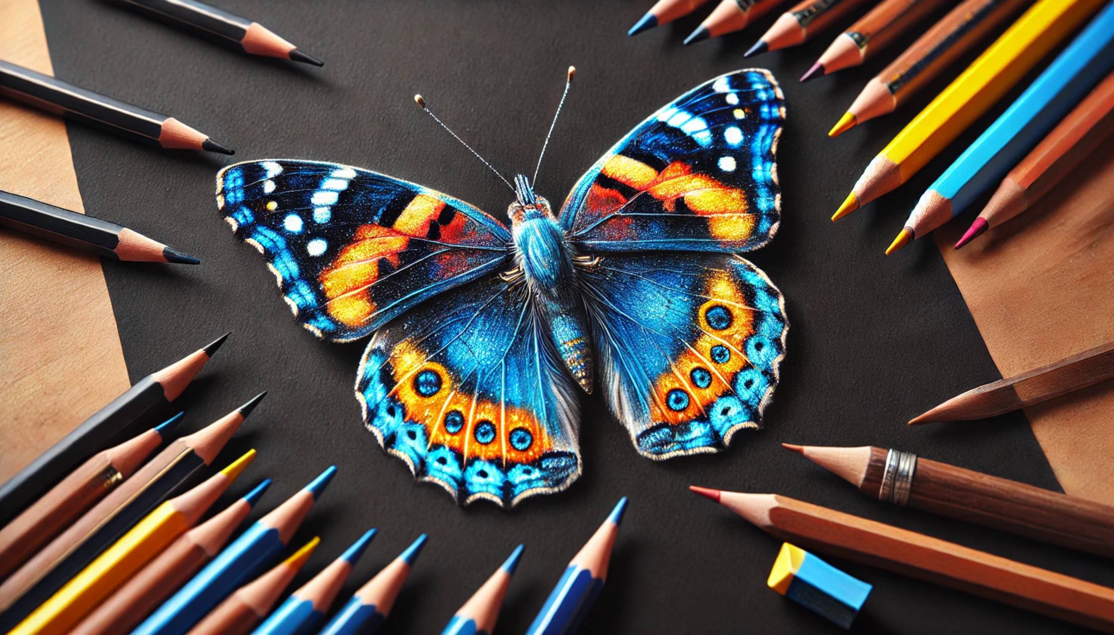 realistic colored pencil drawing of a butterfly on black paper