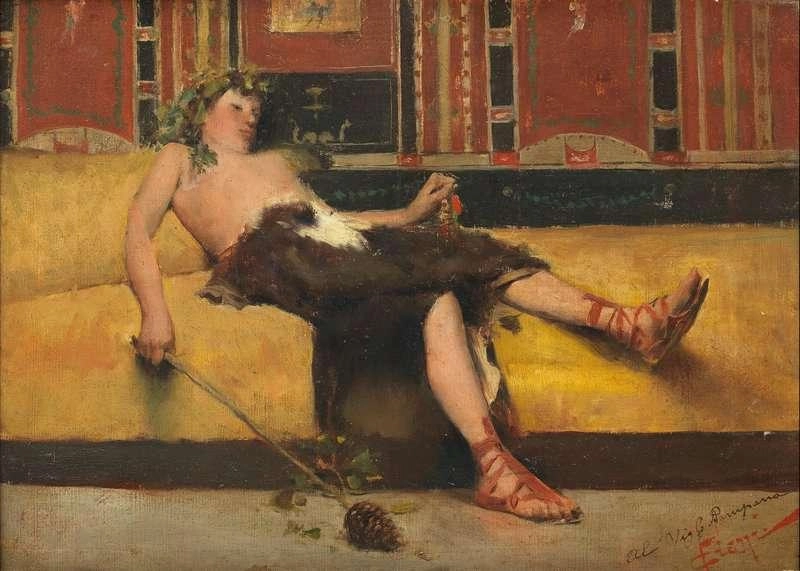 Cesare Ciani’s 'A Bacchante Holding a Thyrsus,' a Romantic painting depicting a Bacchante in flowing garments, holding a thyrsus—a sacred ivy-wrapped staff topped with a pinecone—symbolizing Dionysian ecstasy, divine inspiration, and wild revelry