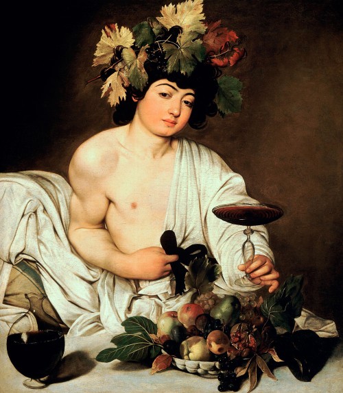Caravaggio’s 'Bacchus' (1595), a Baroque painting depicting the Roman god of wine reclining with a half-filled goblet, wearing a grapevine wreath, and offering a sensual, realistic portrayal of indulgence and revelry.