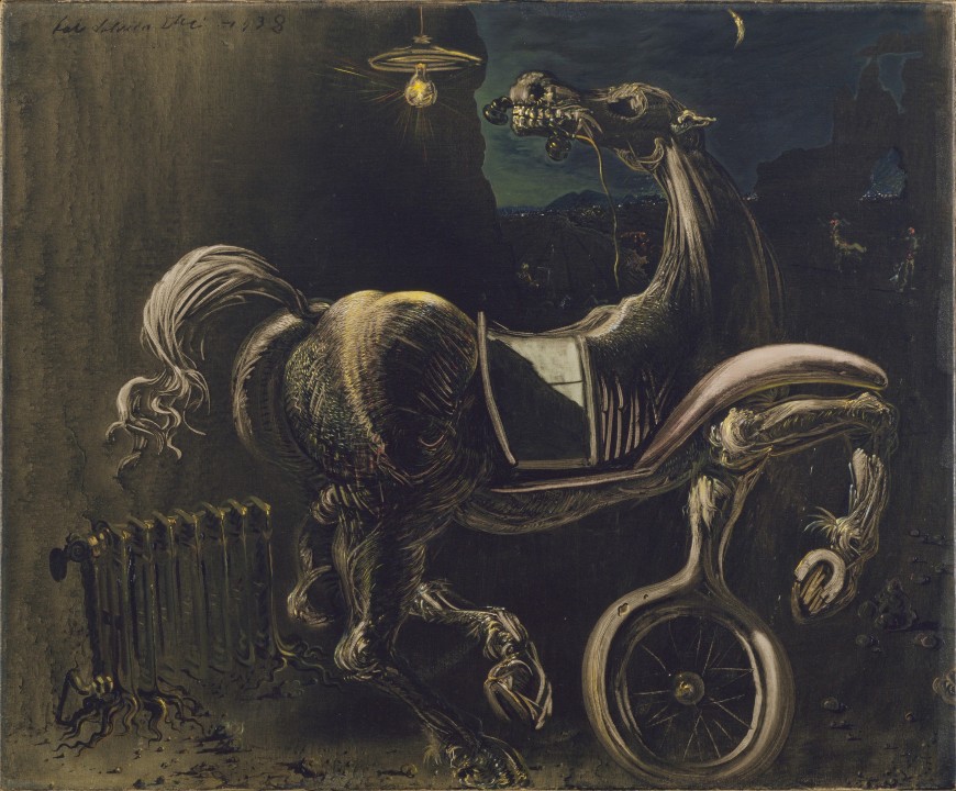 Dalí’s surrealist painting from 1938, depicting chaotic forms and distorted figures, symbolizing themes of excess, intoxication, and indulgence, much like Bacchic feasts and revelry