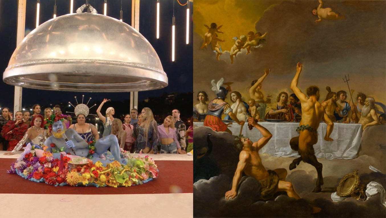 A side-by-side comparison of classical Feast of the Gods paintings and the 2024 Paris Olympics opening ceremony, highlighting the artistic and thematic similarities between Renaissance depictions of divine banquets and the modern Bacchus-inspired performance.