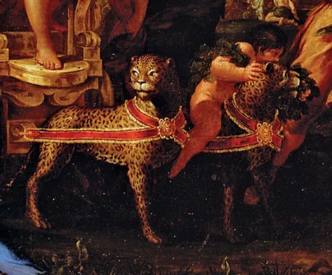 A Baroque artwork depicting leopards pulling Bacchus' golden chariot, a symbol of untamed nature and divine power.