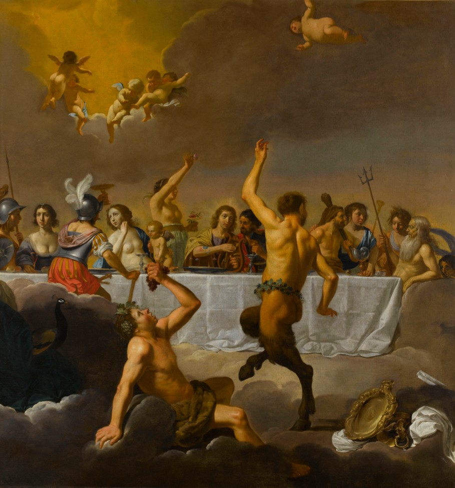 A Dutch Baroque painting depicting the gods of Mount Olympus in a grand feast, symbolizing divine indulgence and celebration.