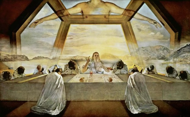 Salvador Dalí’s 'The Sacrament of the Last Supper' (1955), a surrealist interpretation of a divine feast, blending religious and mythological themes with dreamlike banquet imagery, reminiscent of Bacchanalian indulgence