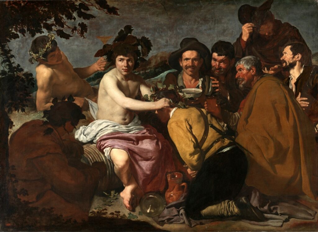 A Baroque painting of Bacchus, the Roman god of wine, seated with peasants enjoying a feast, symbolizing indulgence and divine celebration.