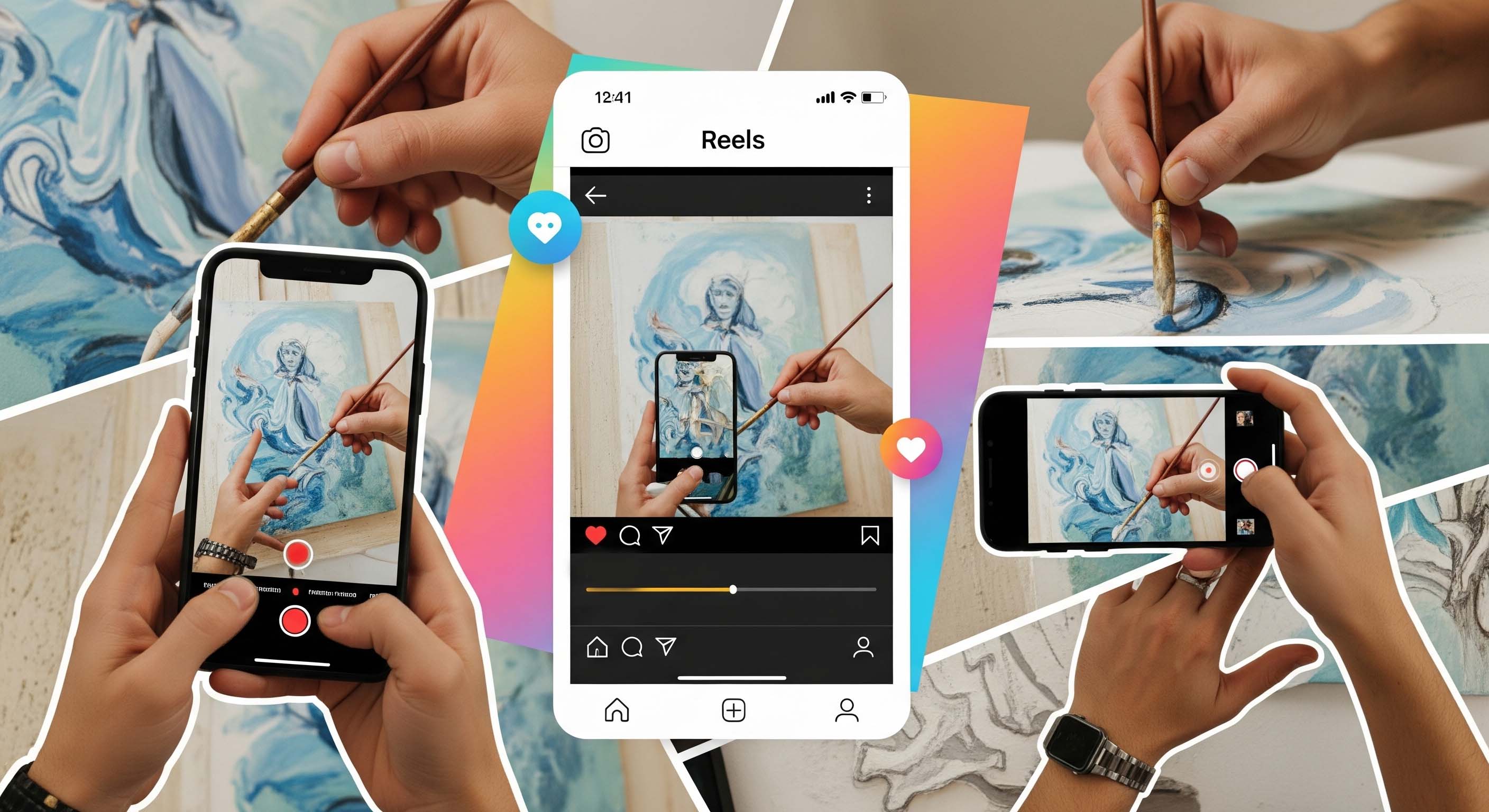 Artist-creating-Instagram-Reels-for-artists-showing-painting-process-with-trending-audio-interface