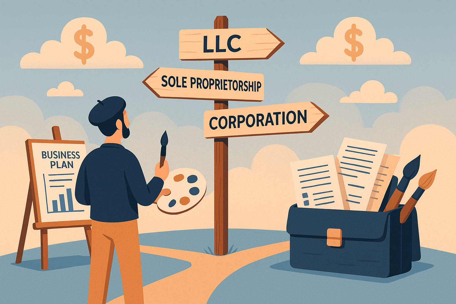 Whimsical-crossroads-illustration-of-an-artist-choosing-between-Sole-Proprietorship-LLC-and-Corporation-with-business-and-art-tools-scattered-in-the-background