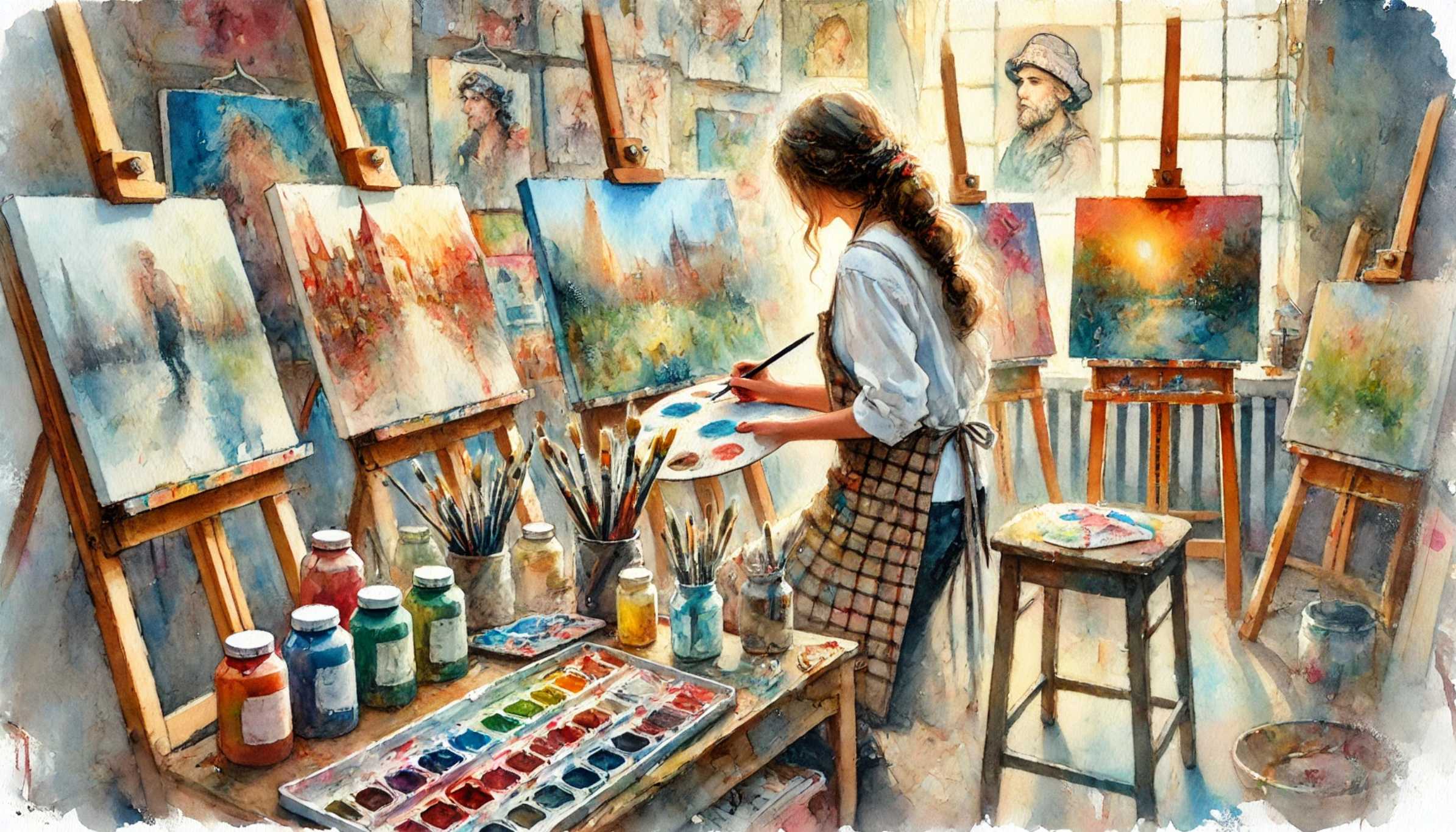 an-artist-working-on-various-artworks-in-her-studio
